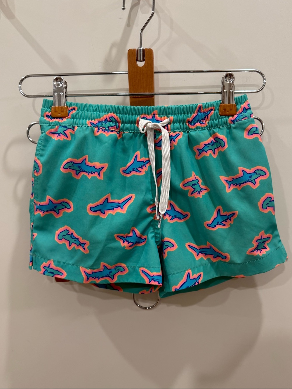 chubbies Teal Swim Trunks with Pink & Blue Shark Print